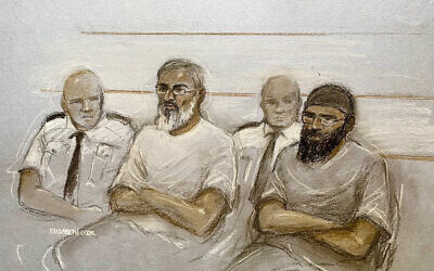 An artist's drawing of Anjem Choudary (second left) and Khaled Hussein (right) at Woolwich Crown Court