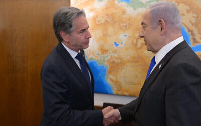 U.S. Secretary of State Antony Blinken, left, meets with Israeli Prime Minister Benjamin Netanyahu at the prime minister's office in Jerusalem, June 10, 2024. (Amos Ben-Gershom/Israel Government Press Office via JTA)