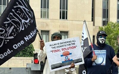 A protester holds up a Hamas flag and a sign invoking the "final solution" at Union Station near the U.S. Capitol, July 24, 2024. (@eliah.goldberg/Instagram)