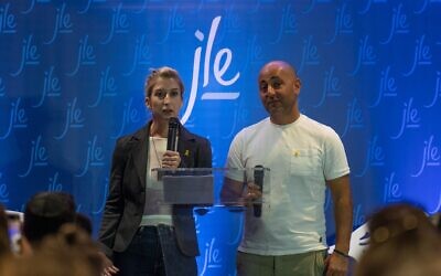 October 7th Survivors, Yafit and Shaked Porat sharing their harrowing story with over 250 young professionals at a JLE event on Wednesday 15th May at the JLE Headquarters, Golders Green Pic: Jeremy Coleman