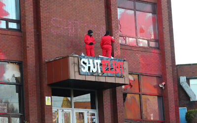 Protesters block the entrance to Israeli-owned Elbit Ferranti arms company in Oldham, Greater Mancheser. Picture date: Monday February 1, 2021.