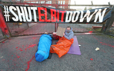 Protesters block the entrance to Israeli-owned Elbit Ferranti arms company in Oldham, Greater Manchester. Picture date: Monday February 1, 2021.