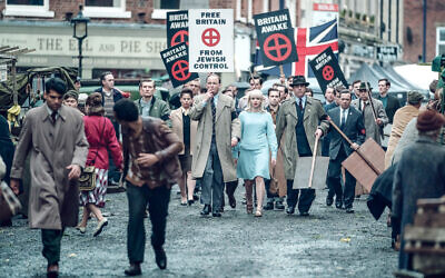 Scene from Ridley Road shows Colin Jordan (Rory Kinnear), Vivien Epstein (Agnes O'Casey) marching towards a Synagogue.- (C) Red Productions - Photographer: Ben Blackall