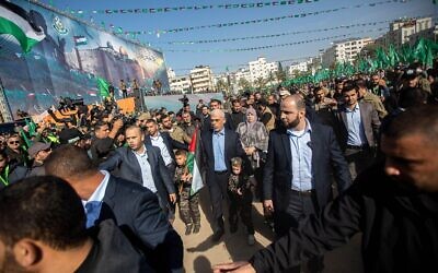 New Hamas leader Yahya Sinwar participates during a celebration marking the 35th anniversary of the founding of Hamas in Gaza City. Credit: SOPA Images Limited/Alamy Live News