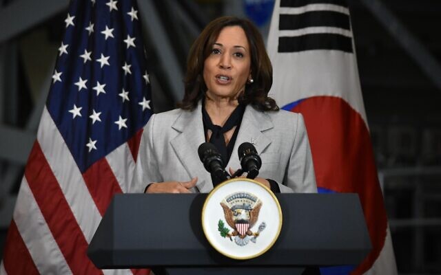 Kamala Harris speaks at a press conference.