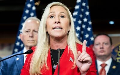 U.S. Representative Marjorie Taylor Greene (R-GA) speaking about a House resolution declaring that former President Donald Trump (R) did not engage in an insurrection against the United States at the U.S. Capitol. Credit: SOPA Images Limited/Alamy Live News