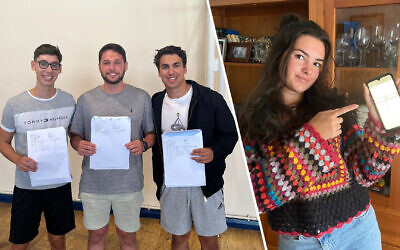 King Solomon students Sam Feldman, Ari Carmel-Brown and Sam Chevin alongside Matilda Villa (far right) celebrated their results today (Photos: Jewish News/KS)