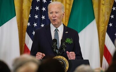 President Joe Biden speaks during a Saint Patrick’s Day event with Irish Taoiseach Leo Varadkar in the East Room of the White House, March 17, 2024 in Washington, DC. (Samuel Corum/Getty Images)