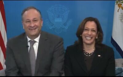 Doug Emhoff and Kamala Harris at the virtual seder event