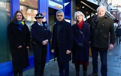 Sadiq Khan, centre, with Cllr Anne Clarke, left, Assistant Commissioner Louisa Rolfe, centre left, deputy mayor Sophie Linden, right, Barnet Council leader Barry Rawlings, end right.