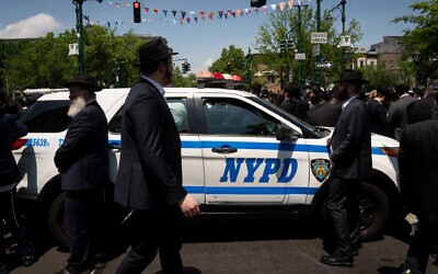 Police at a Jewish community event in Crown Heights, Brooklyn, June 5, 2024. (Luke Tress)