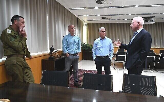 Israeli security chiefs meet on April 6, 2023. From left: IDF Chief of Staff Herzi Halevi, Shin Bet head Ronen Bar, mossad chief David Barnea and Defense Minister Yoav Gallant (Ariel Harmoni / Defense Ministry)