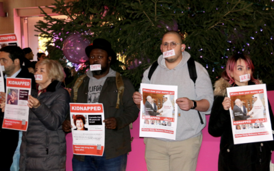 The protesters outside Harrods in Knightsbridge, London, on Thursday evening. Picture: Shir Minikes